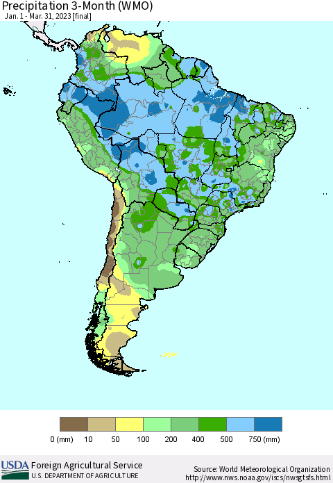 South America Precipitation 3-Month (WMO) Thematic Map For 1/1/2023 - 3/31/2023