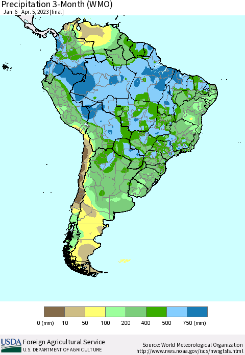 South America Precipitation 3-Month (WMO) Thematic Map For 1/6/2023 - 4/5/2023