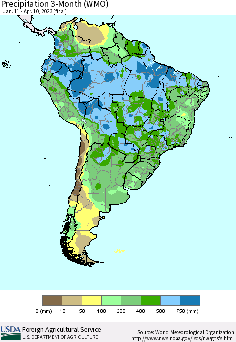 South America Precipitation 3-Month (WMO) Thematic Map For 1/11/2023 - 4/10/2023