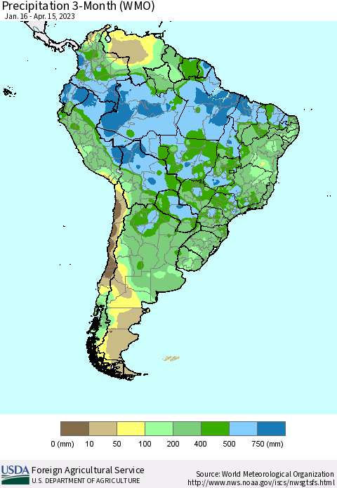 South America Precipitation 3-Month (WMO) Thematic Map For 1/16/2023 - 4/15/2023