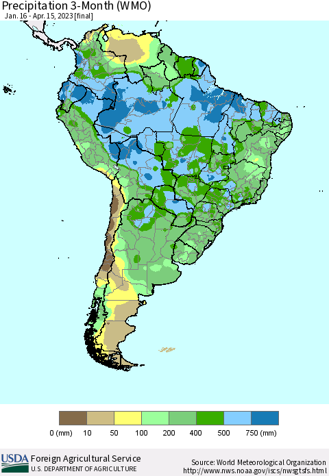 South America Precipitation 3-Month (WMO) Thematic Map For 1/16/2023 - 4/15/2023