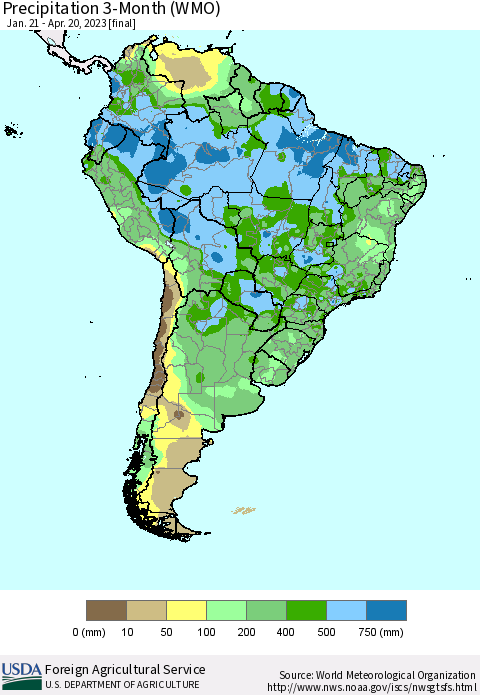 South America Precipitation 3-Month (WMO) Thematic Map For 1/21/2023 - 4/20/2023