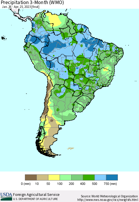South America Precipitation 3-Month (WMO) Thematic Map For 1/26/2023 - 4/25/2023