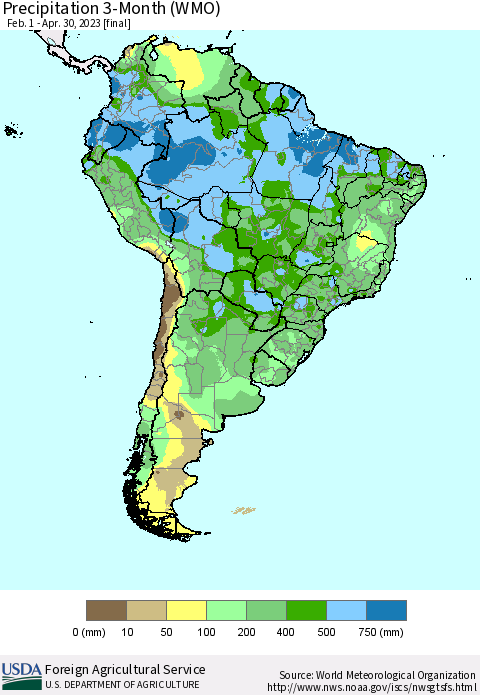 South America Precipitation 3-Month (WMO) Thematic Map For 2/1/2023 - 4/30/2023