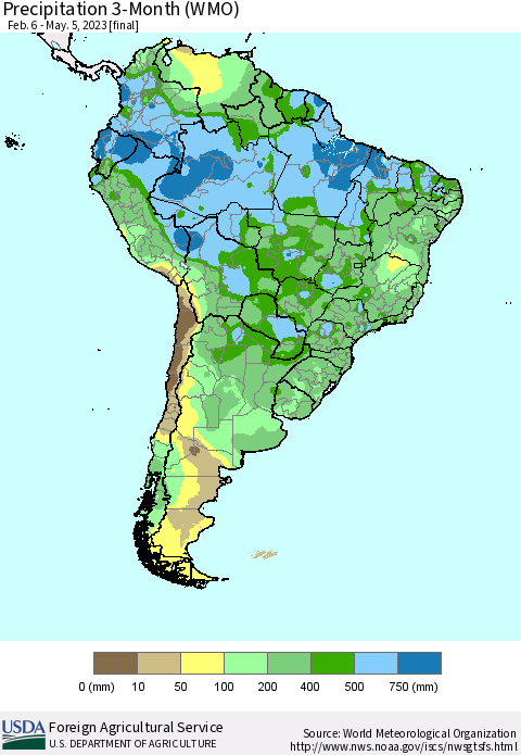 South America Precipitation 3-Month (WMO) Thematic Map For 2/6/2023 - 5/5/2023