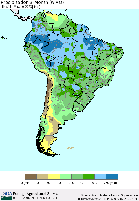 South America Precipitation 3-Month (WMO) Thematic Map For 2/11/2023 - 5/10/2023