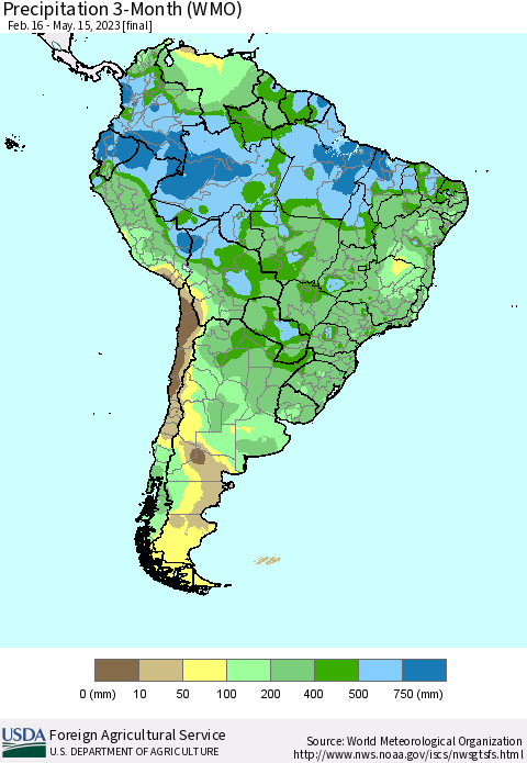 South America Precipitation 3-Month (WMO) Thematic Map For 2/16/2023 - 5/15/2023