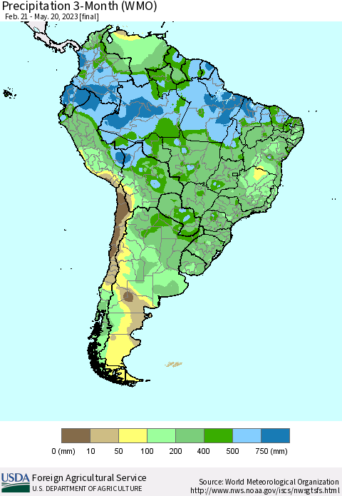 South America Precipitation 3-Month (WMO) Thematic Map For 2/21/2023 - 5/20/2023