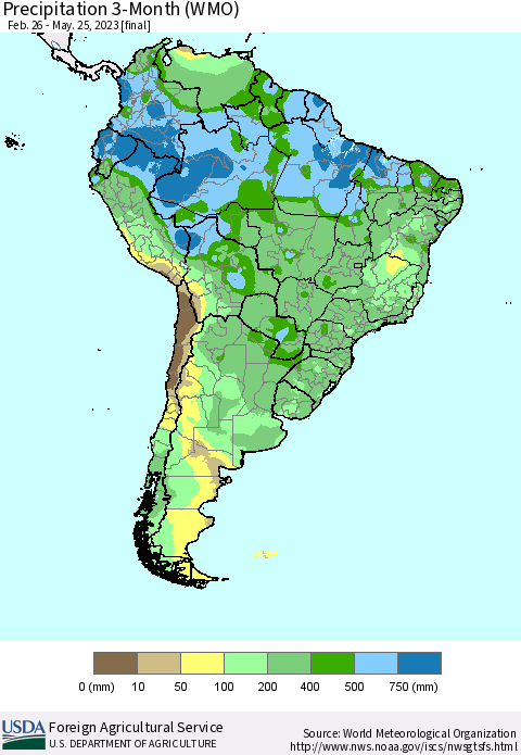 South America Precipitation 3-Month (WMO) Thematic Map For 2/26/2023 - 5/25/2023