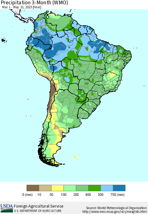 South America Precipitation 3-Month (WMO) Thematic Map For 3/1/2023 - 5/31/2023