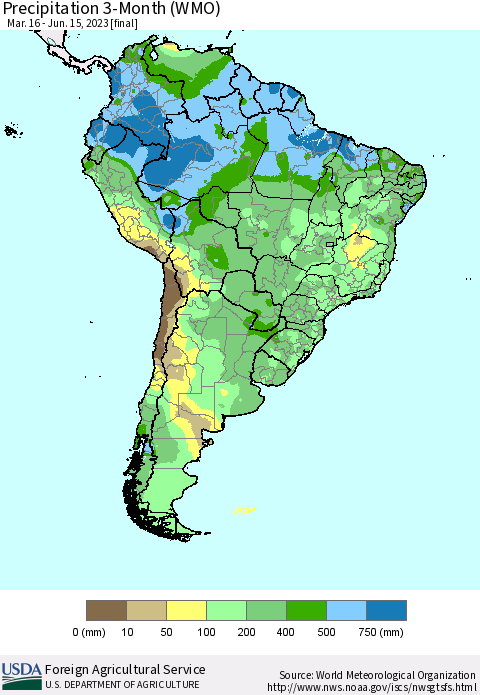South America Precipitation 3-Month (WMO) Thematic Map For 3/16/2023 - 6/15/2023