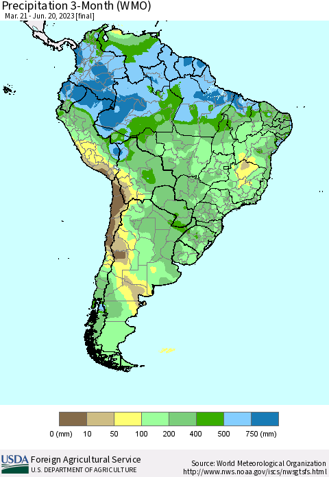 South America Precipitation 3-Month (WMO) Thematic Map For 3/21/2023 - 6/20/2023