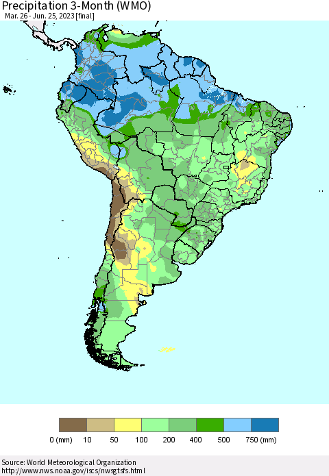 South America Precipitation 3-Month (WMO) Thematic Map For 3/26/2023 - 6/25/2023