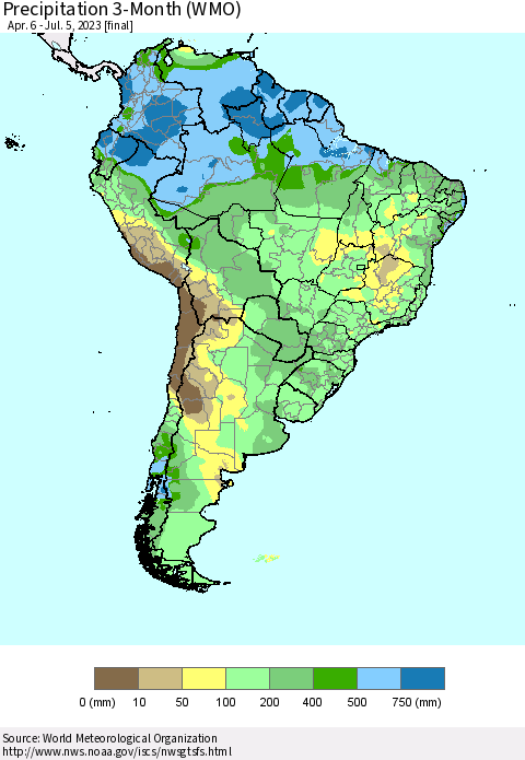South America Precipitation 3-Month (WMO) Thematic Map For 4/6/2023 - 7/5/2023