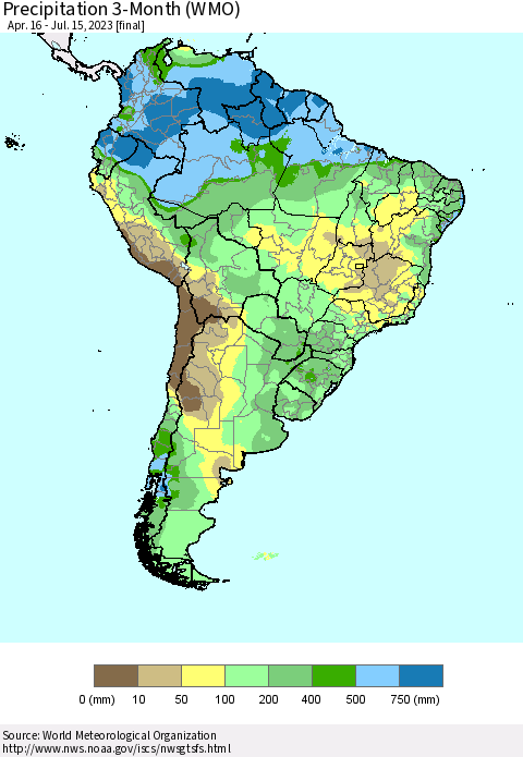 South America Precipitation 3-Month (WMO) Thematic Map For 4/16/2023 - 7/15/2023
