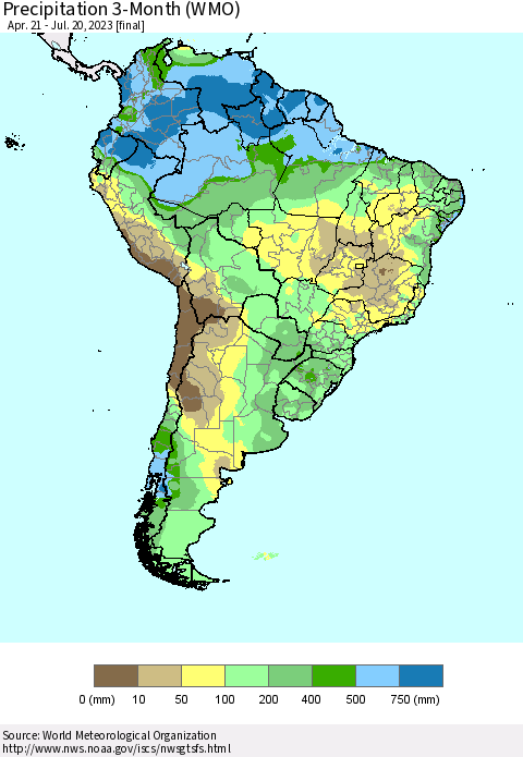 South America Precipitation 3-Month (WMO) Thematic Map For 4/21/2023 - 7/20/2023