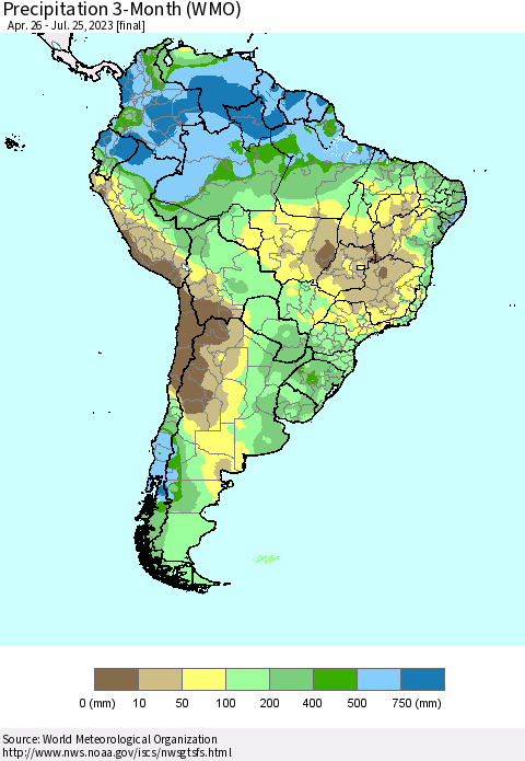 South America Precipitation 3-Month (WMO) Thematic Map For 4/26/2023 - 7/25/2023