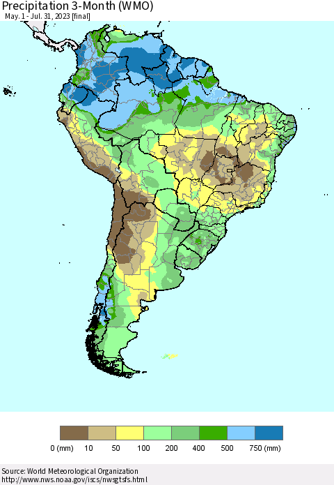 South America Precipitation 3-Month (WMO) Thematic Map For 5/1/2023 - 7/31/2023