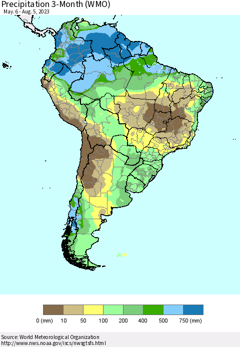 South America Precipitation 3-Month (WMO) Thematic Map For 5/6/2023 - 8/5/2023