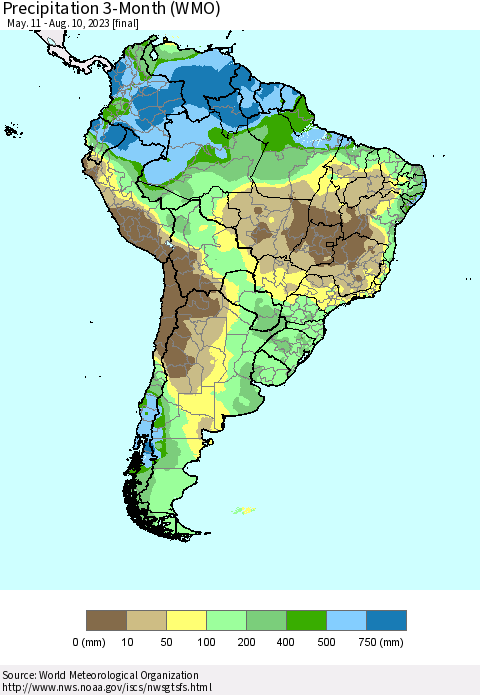 South America Precipitation 3-Month (WMO) Thematic Map For 5/11/2023 - 8/10/2023