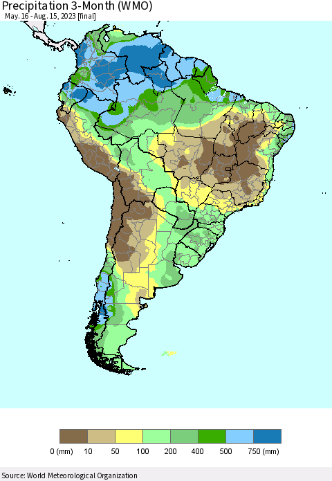 South America Precipitation 3-Month (WMO) Thematic Map For 5/16/2023 - 8/15/2023