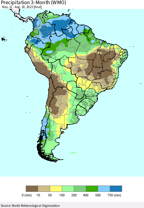 South America Precipitation 3-Month (WMO) Thematic Map For 5/21/2023 - 8/20/2023