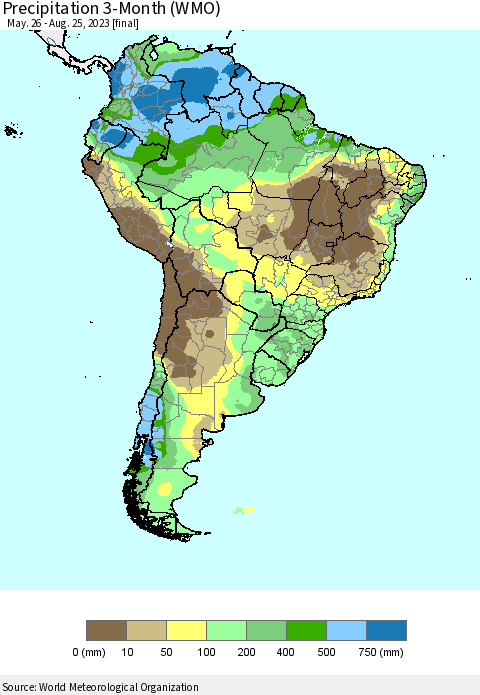 South America Precipitation 3-Month (WMO) Thematic Map For 5/26/2023 - 8/25/2023
