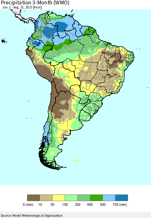 South America Precipitation 3-Month (WMO) Thematic Map For 6/1/2023 - 8/31/2023