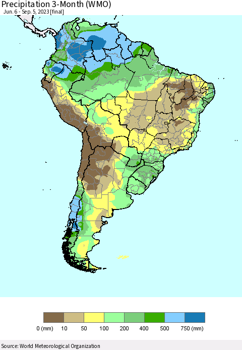 South America Precipitation 3-Month (WMO) Thematic Map For 6/6/2023 - 9/5/2023