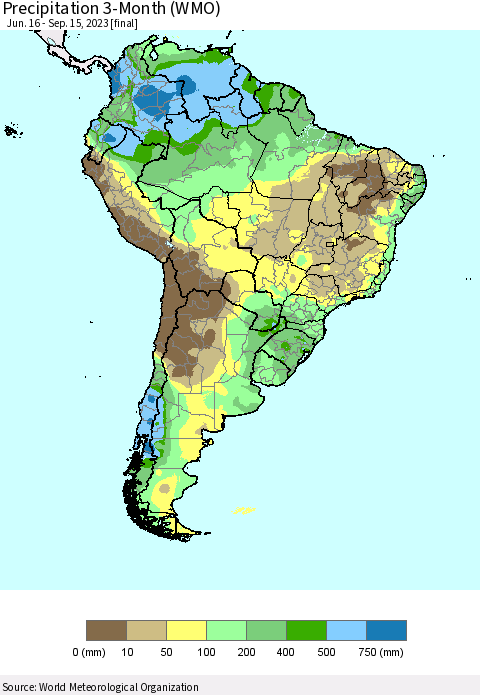 South America Precipitation 3-Month (WMO) Thematic Map For 6/16/2023 - 9/15/2023