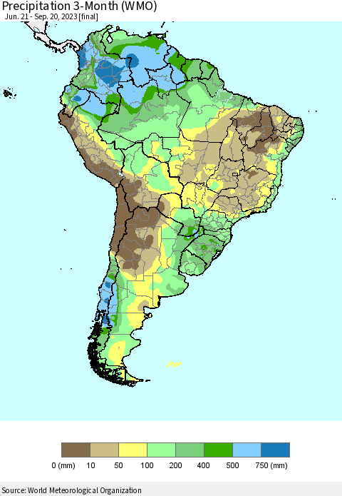 South America Precipitation 3-Month (WMO) Thematic Map For 6/21/2023 - 9/20/2023