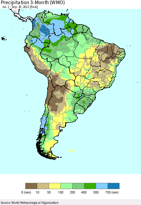 South America Precipitation 3-Month (WMO) Thematic Map For 7/1/2023 - 9/30/2023
