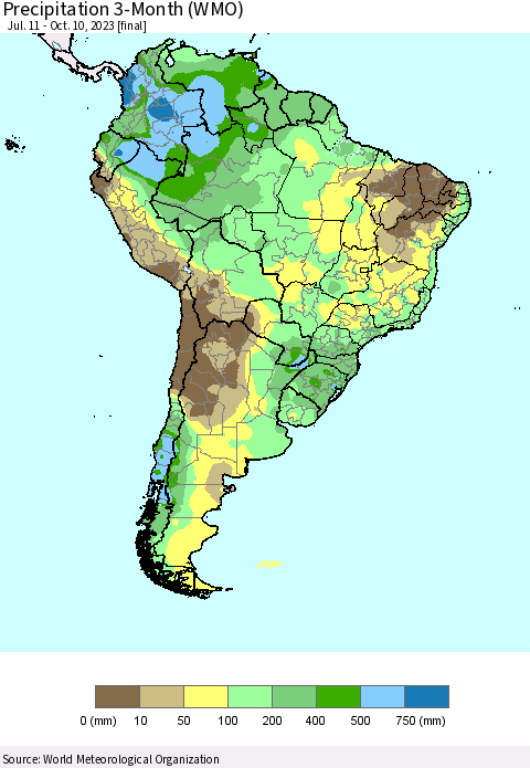 South America Precipitation 3-Month (WMO) Thematic Map For 7/11/2023 - 10/10/2023