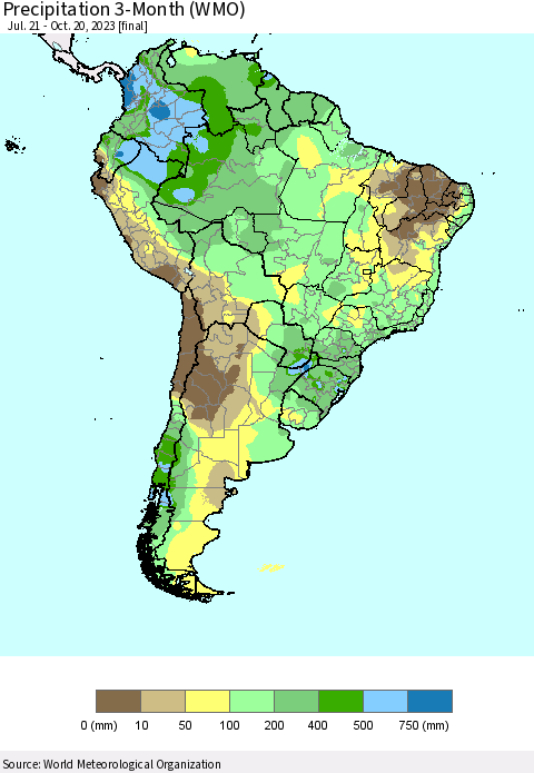 South America Precipitation 3-Month (WMO) Thematic Map For 7/21/2023 - 10/20/2023
