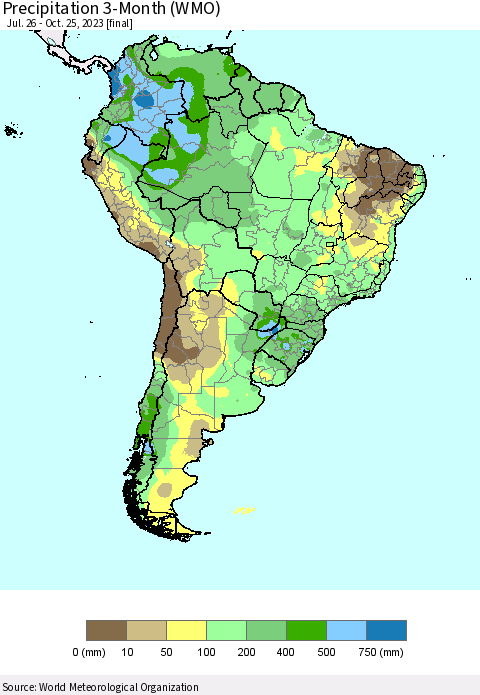 South America Precipitation 3-Month (WMO) Thematic Map For 7/26/2023 - 10/25/2023