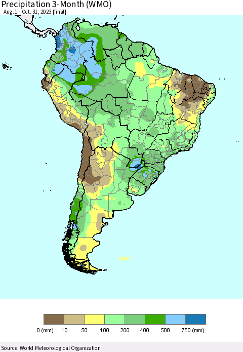 South America Precipitation 3-Month (WMO) Thematic Map For 8/1/2023 - 10/31/2023