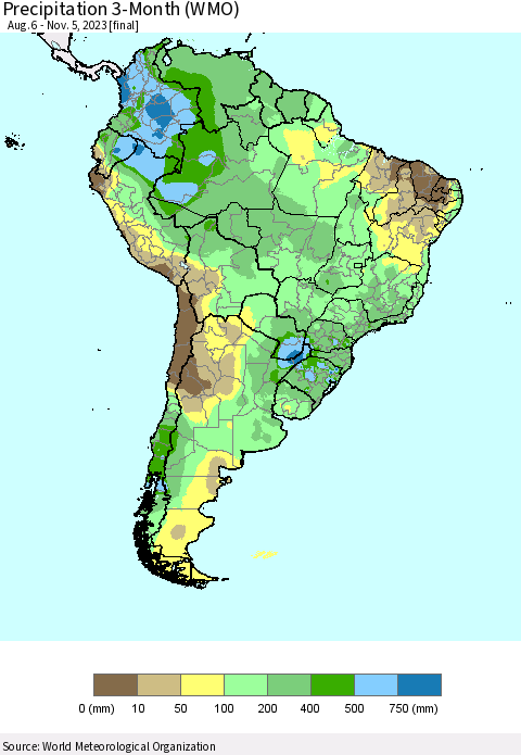 South America Precipitation 3-Month (WMO) Thematic Map For 8/6/2023 - 11/5/2023