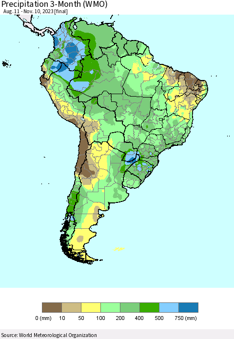 South America Precipitation 3-Month (WMO) Thematic Map For 8/11/2023 - 11/10/2023