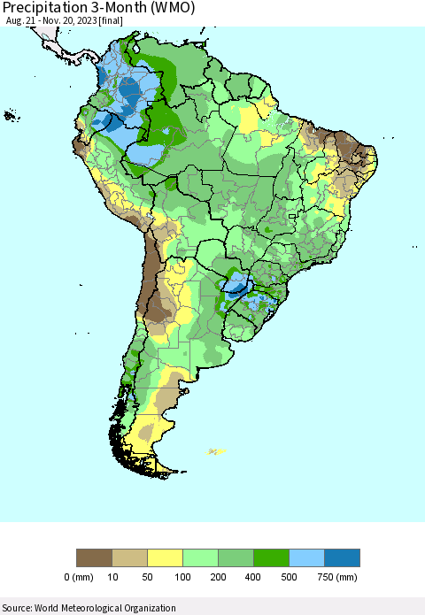 South America Precipitation 3-Month (WMO) Thematic Map For 8/21/2023 - 11/20/2023