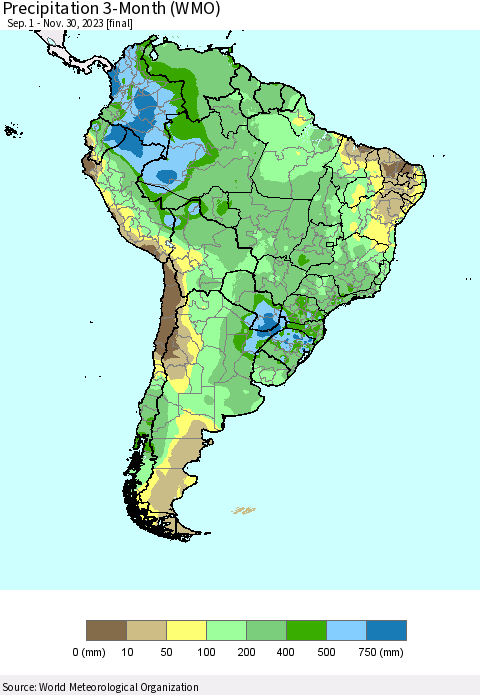 South America Precipitation 3-Month (WMO) Thematic Map For 9/1/2023 - 11/30/2023