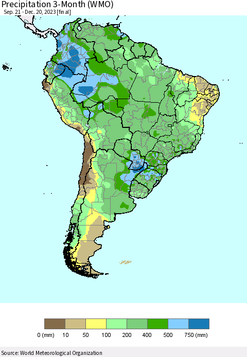 South America Precipitation 3-Month (WMO) Thematic Map For 9/21/2023 - 12/20/2023