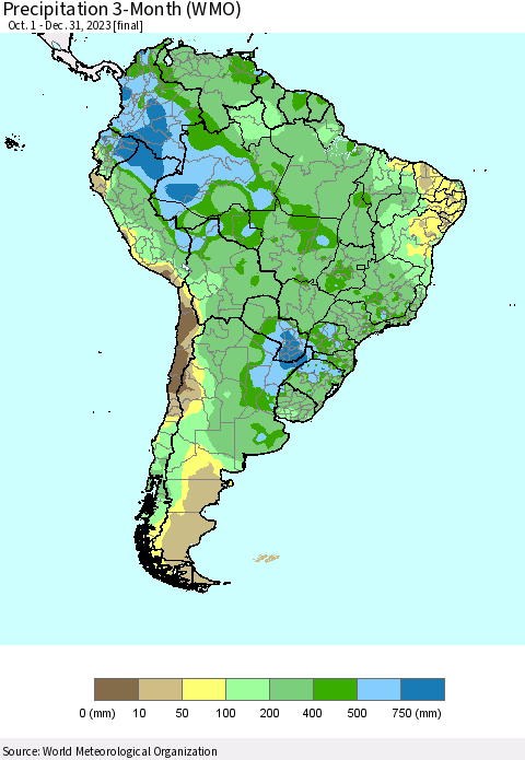 South America Precipitation 3-Month (WMO) Thematic Map For 10/1/2023 - 12/31/2023