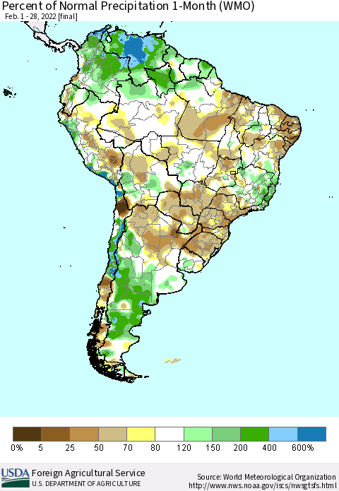 South America Percent of Normal Precipitation 1-Month (WMO) Thematic Map For 2/1/2022 - 2/28/2022