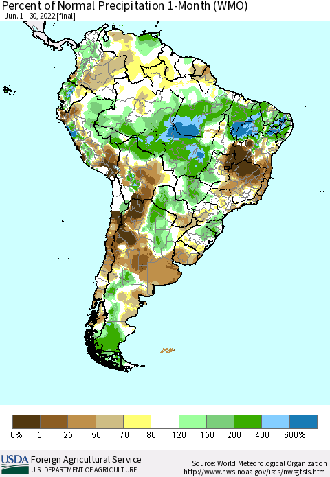 South America Percent of Normal Precipitation 1-Month (WMO) Thematic Map For 6/1/2022 - 6/30/2022
