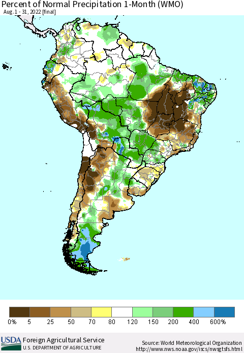 South America Percent of Normal Precipitation 1-Month (WMO) Thematic Map For 8/1/2022 - 8/31/2022