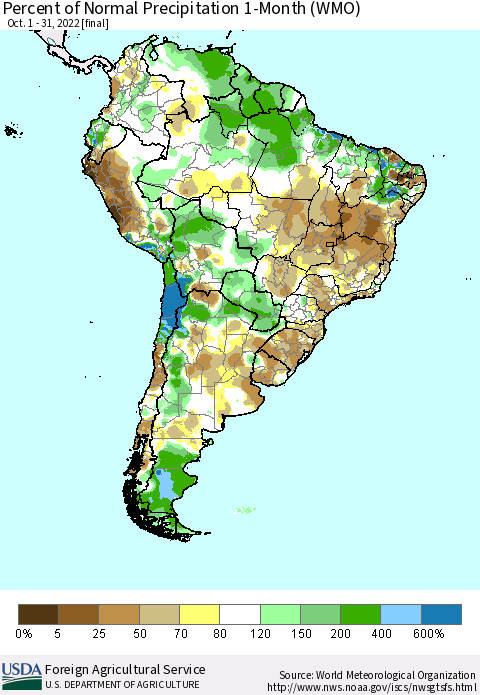 South America Percent of Normal Precipitation 1-Month (WMO) Thematic Map For 10/1/2022 - 10/31/2022