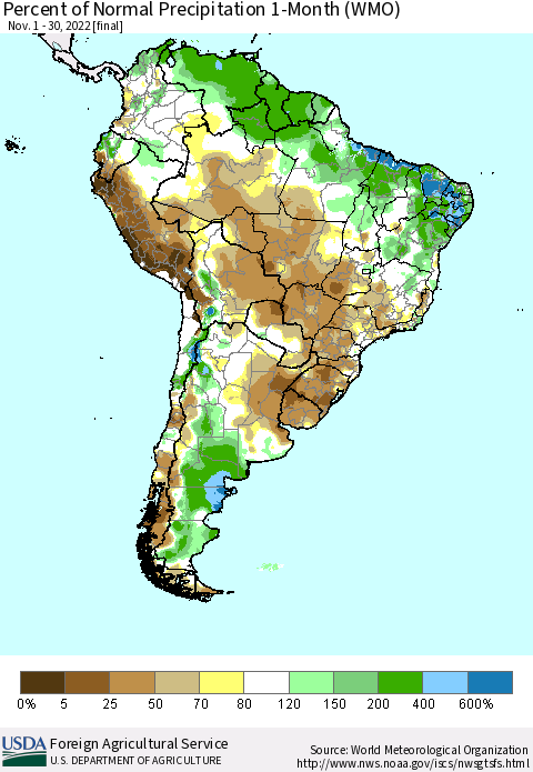 South America Percent of Normal Precipitation 1-Month (WMO) Thematic Map For 11/1/2022 - 11/30/2022