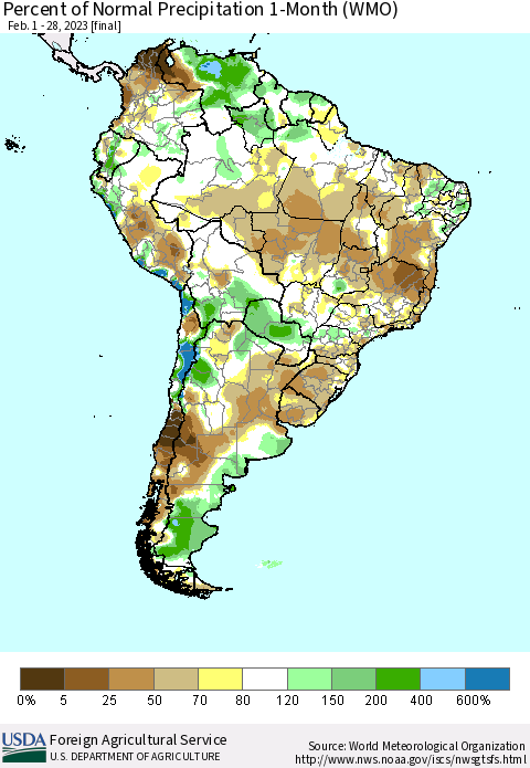 South America Percent of Normal Precipitation 1-Month (WMO) Thematic Map For 2/1/2023 - 2/28/2023