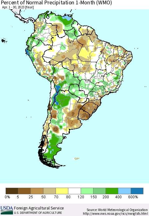 South America Percent of Normal Precipitation 1-Month (WMO) Thematic Map For 4/1/2023 - 4/30/2023