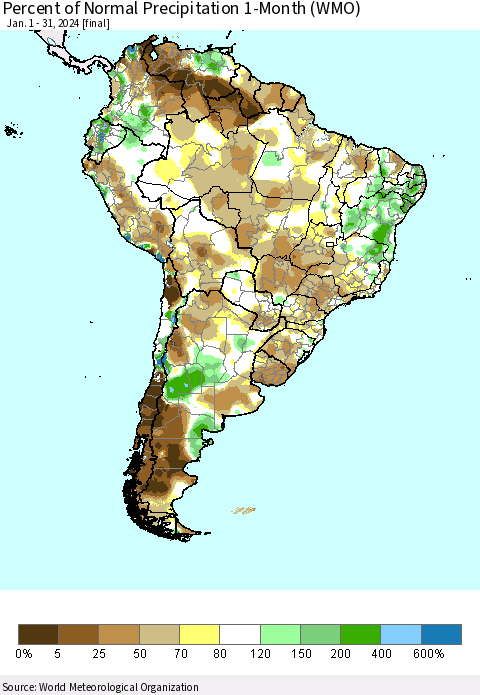 South America Percent of Normal Precipitation 1-Month (WMO) Thematic Map For 1/1/2024 - 1/31/2024